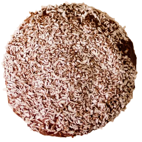 Pączek polany czekoladą z posypką wiórków kokosowych